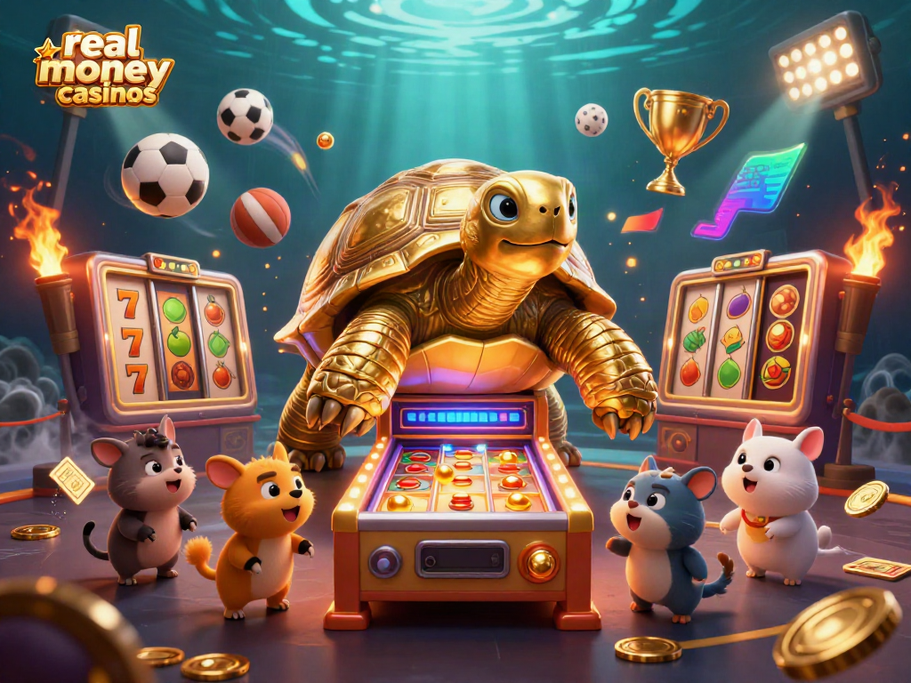 Play exciting real money casino games with a colossal golden tortoise pinball and lively animals.