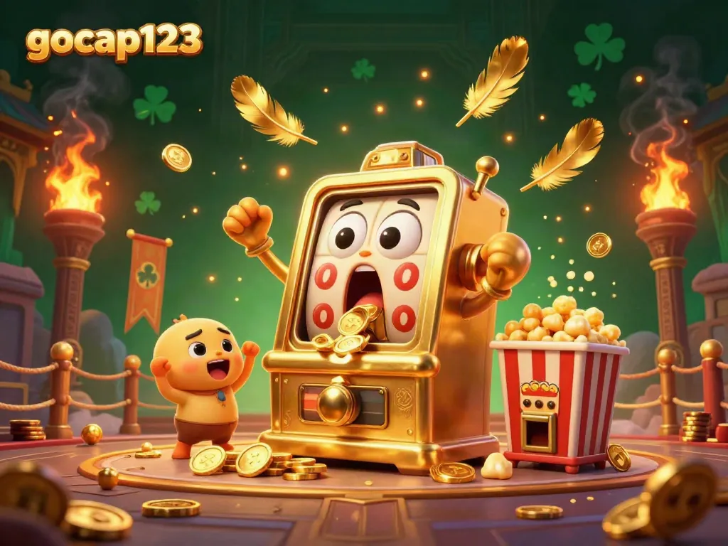 GOCAP123 menampilkan mesin slot emas 3D berperan yang terkejut saat mendapatkan jackpot dengan koin berjatuhan.