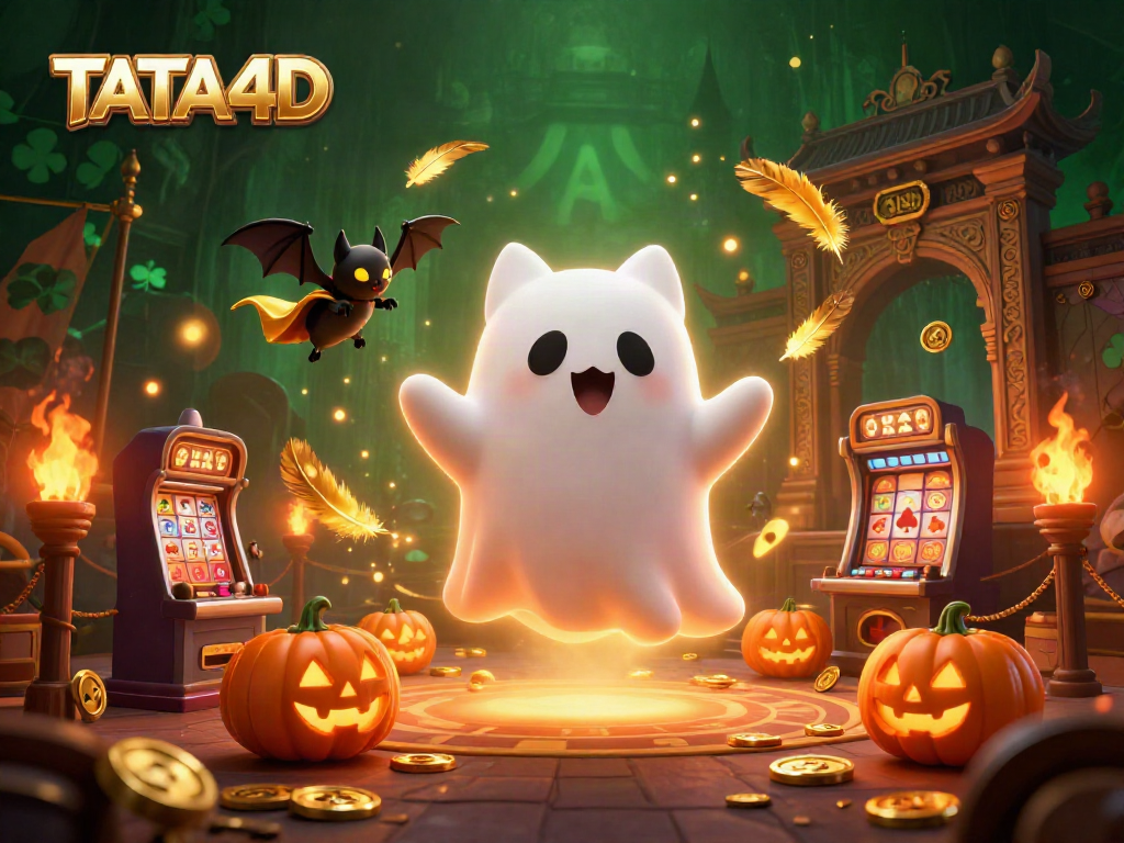 Engage with TATA4D as a ghost cat navigates a haunted casino, surrounded by glowing pumpkins and swirling coins.