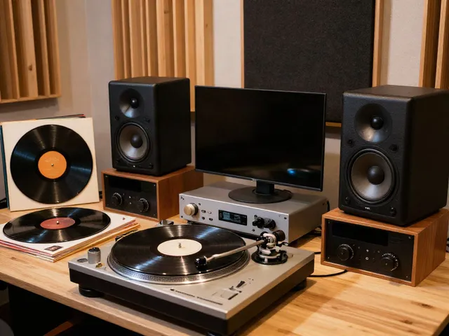 The original source of high-quality audio experience in a cozy studio with vinyl records and vintage turntable.