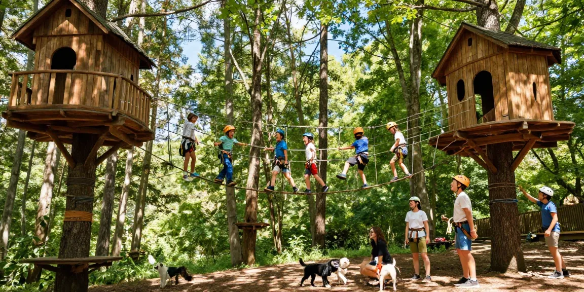 Children joyfully crossing a rope bridge between treehouses in a forest setting.