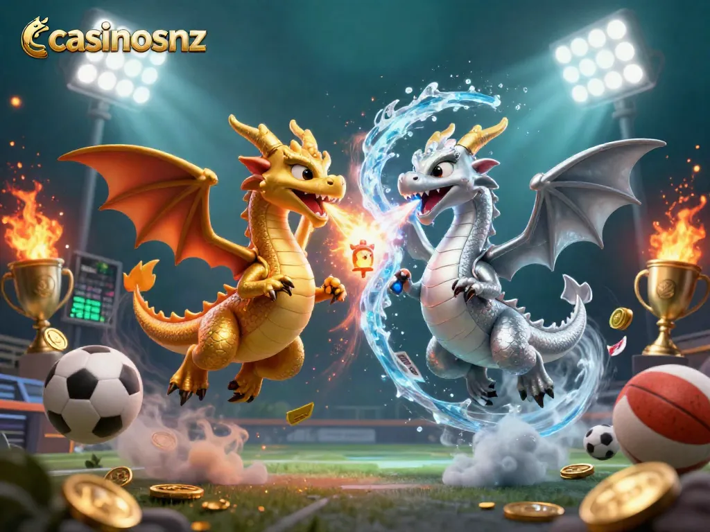 Engage with casinosnz's vibrant 3D dragons and sports elements, showcasing dynamic gambling energy.