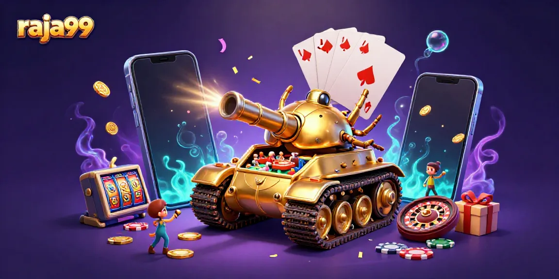 Experience the excitement of raja99 with a vibrant 3D casino scene featuring a golden beetle tank and slot games.
