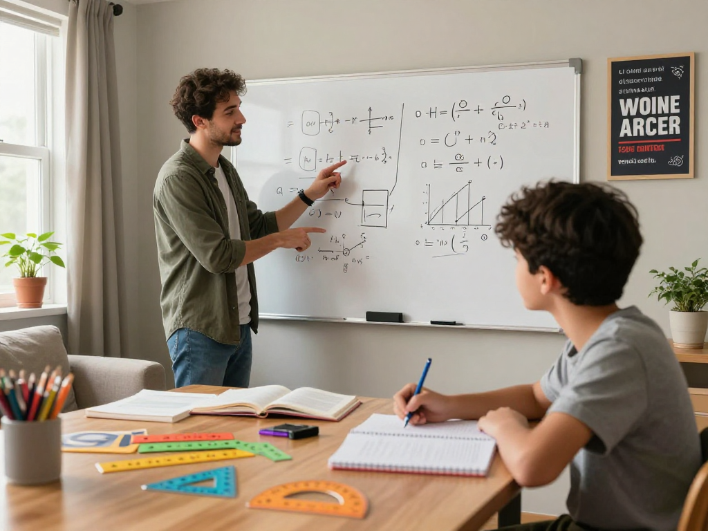 Maths tutors assisting a student in a cozy home study environment