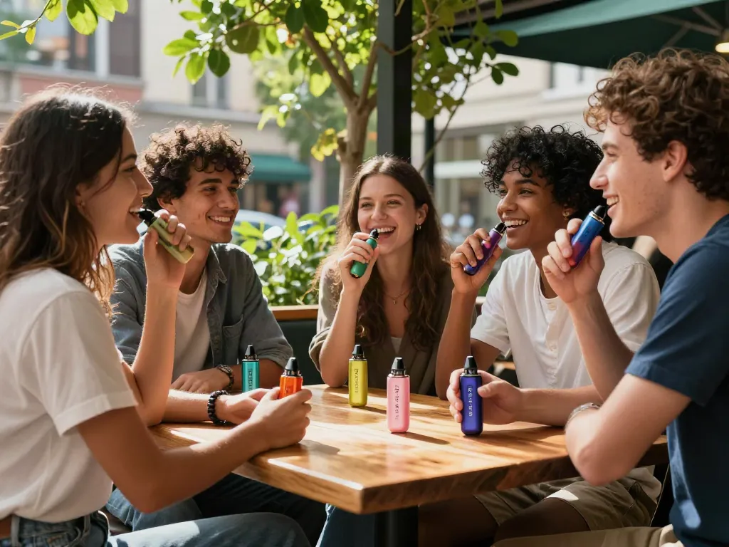 Friends enjoying Ryse vape pen flavors at an outdoor café, vibrant and social atmosphere.