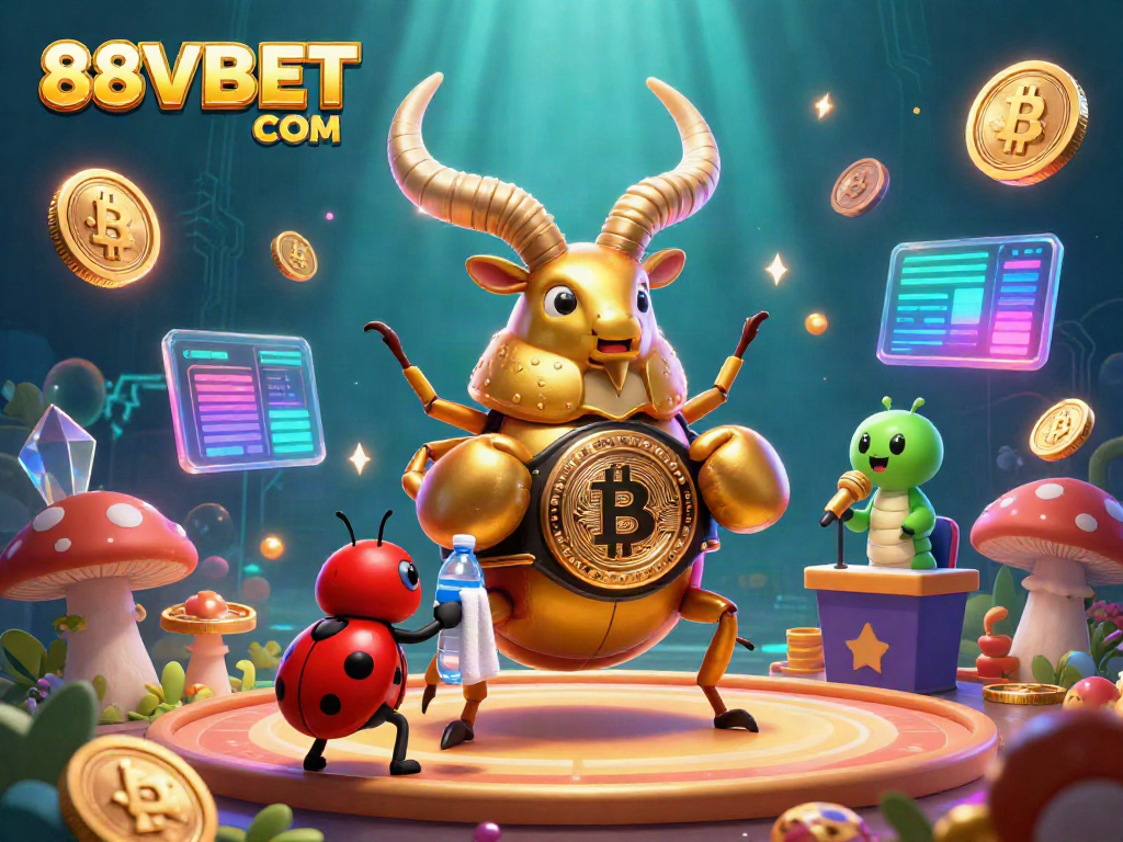 Engage with thrilling gambling excitement at 88VBET COM featuring a giant golden beetle champion in a lively casino.