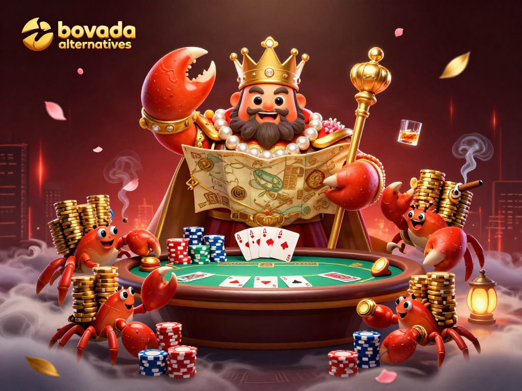 Engage with bovada alternatives at a vibrant casino scene featuring a golden crab emperor.