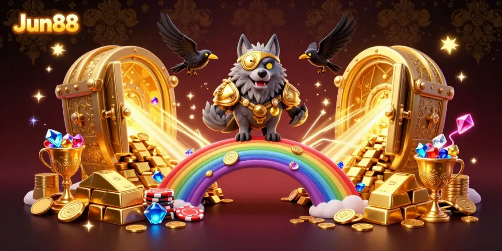 Engage with the vibrant Jun88 virtual casino scene filled with mythical characters and treasures.