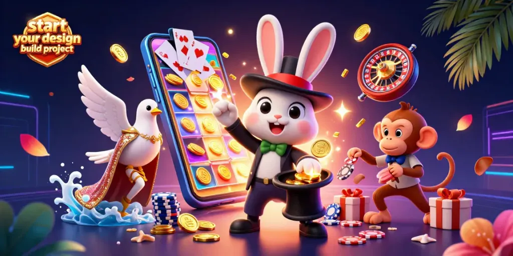 Start your design build project with a fun 3D casino scene featuring a magician rabbit, dove, and monkey.
