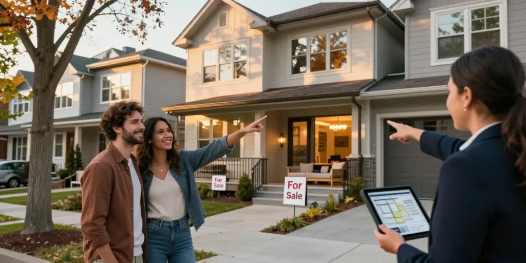 Couple exploring a new property for sale in an urban neighborhood