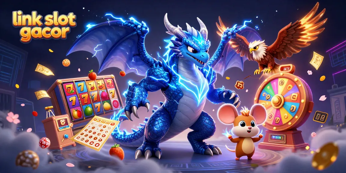 Engage with link slot gacor through vibrant 3D illustration of dynamic casino games and characters.