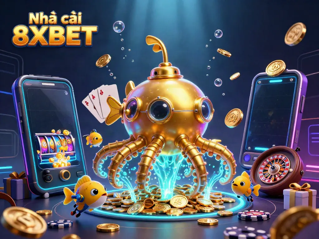 Engage with Nhà cái 8XBET's exciting features, highlighted by a vivid golden kraken submarine amidst vibrant casino elements.
