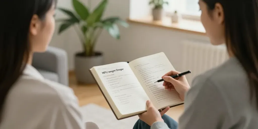 Therapeutisches Gespräch über MPU wegen Drogen in ruhigem Büro mit Notizen.