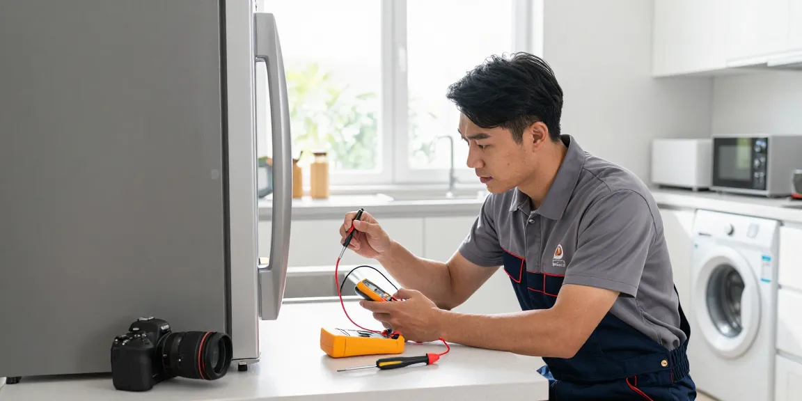 All home brand repair technician diagnosing a refrigerator in a bright kitchen.