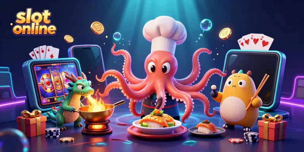 Play engaging slot online games with a colorful 3D illustration featuring a sushi chef octopus and dragon.
