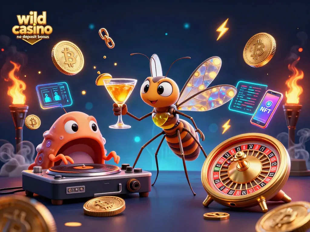 Play with wild casino no deposit bonus amidst a dynamic casino scene featuring vibrant characters.