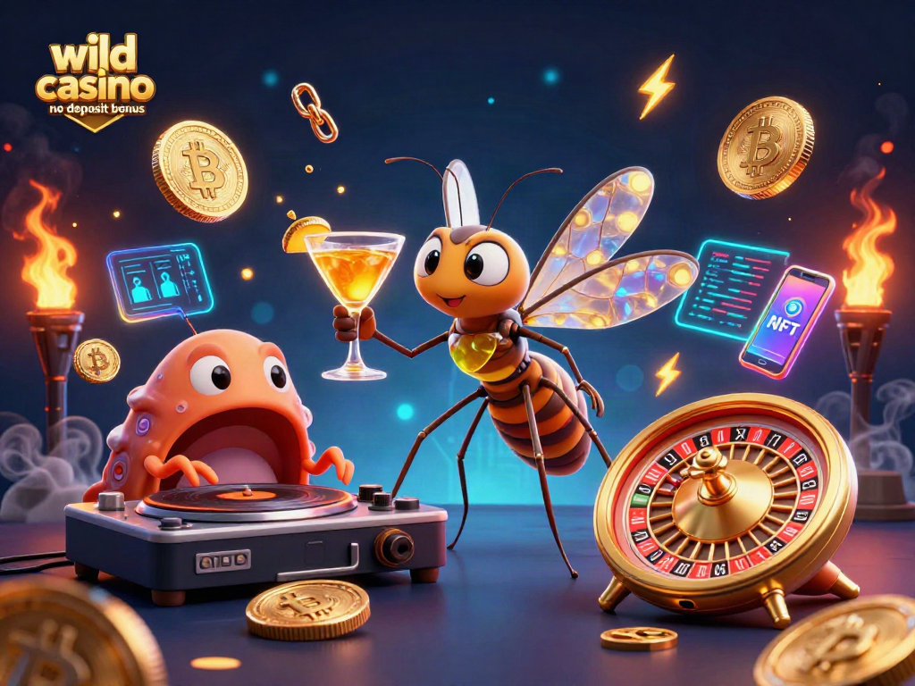 Play with wild casino no deposit bonus amidst a dynamic casino scene featuring vibrant characters.