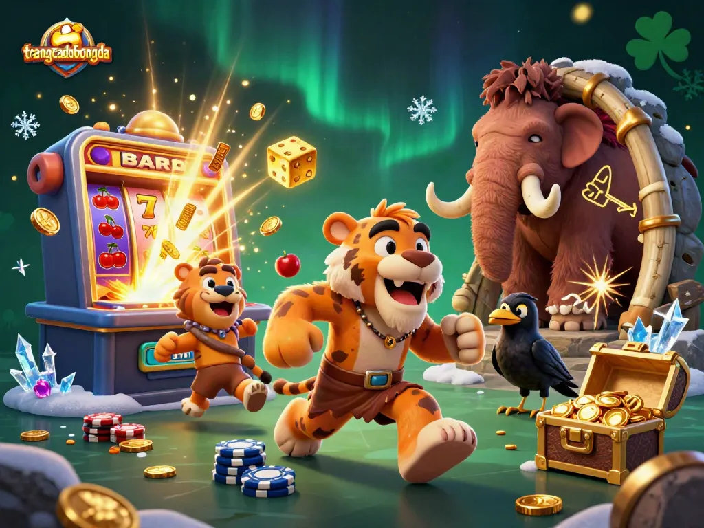 Experience thrilling wins at trangcadobongda with cavemen and sabertooth tigers in a vibrant casino scene.