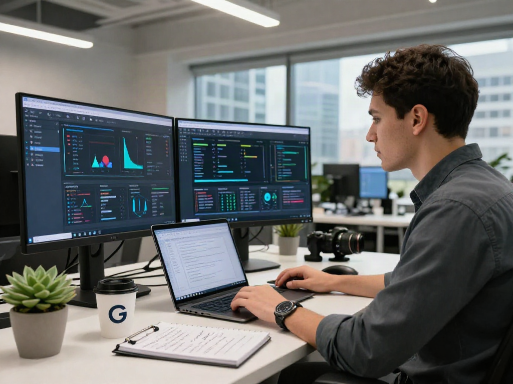 Data analyst using AI Detector software in a bright office space with multiple screens.