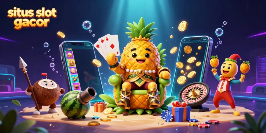 Gambarlah situs slot gacor dengan karakter raja nanas dan elemen kasino yang meriah.