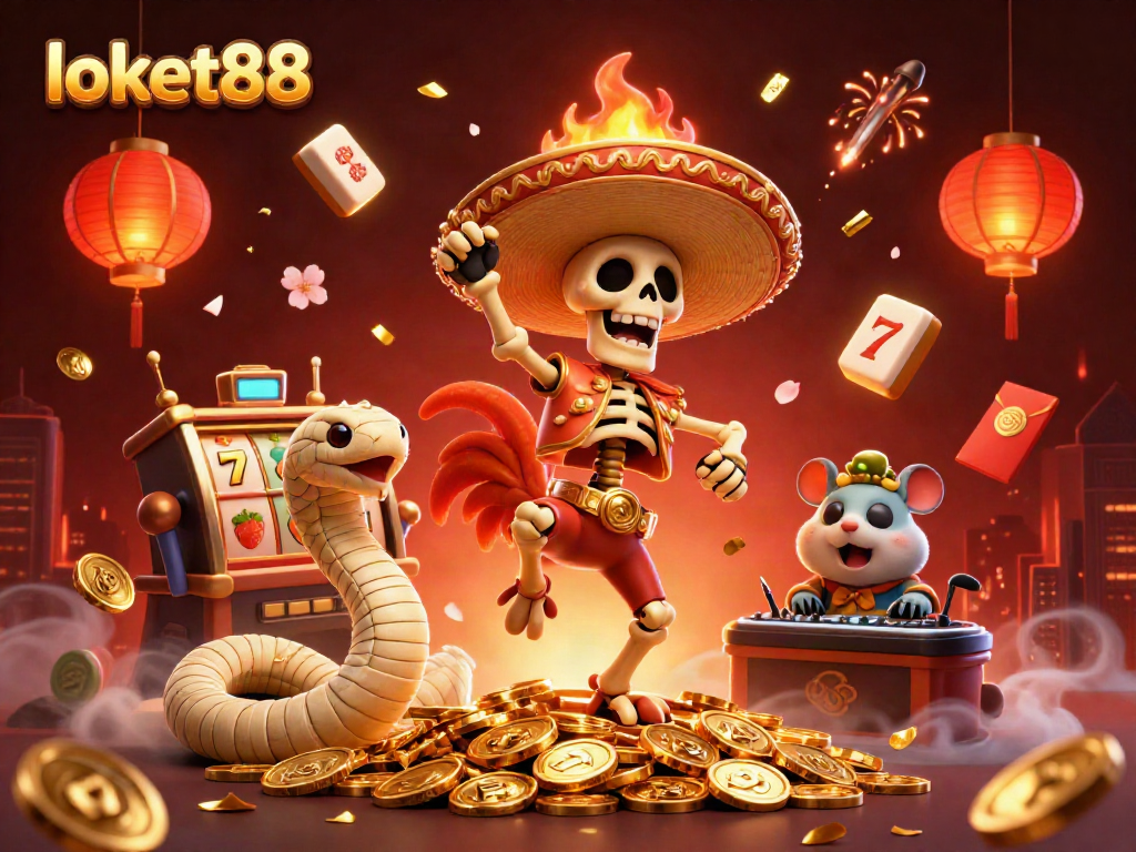 Experience the thrill of loket88 with a vibrant 3D digital casino scene showcasing lively characters and slot elements.