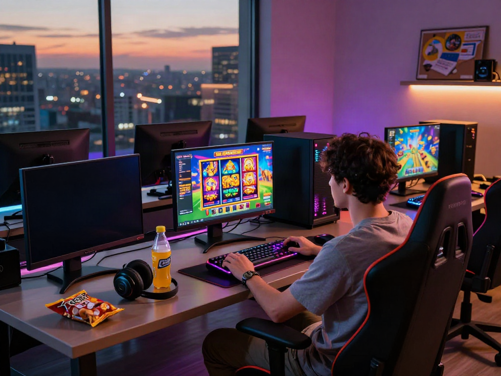 Player enjoying luxury12 gaming experience on multiple screens in a stylish setup.