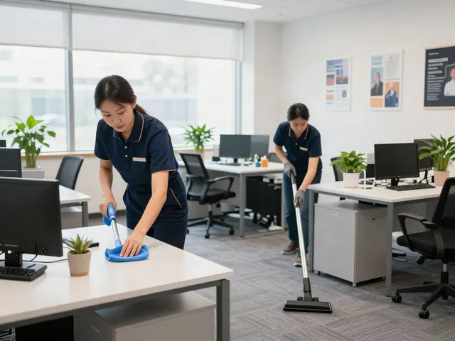 Professionelle Büroreinigung Bochum mit Reinigungsteam in einem modernen, hellen Arbeitsplatz.