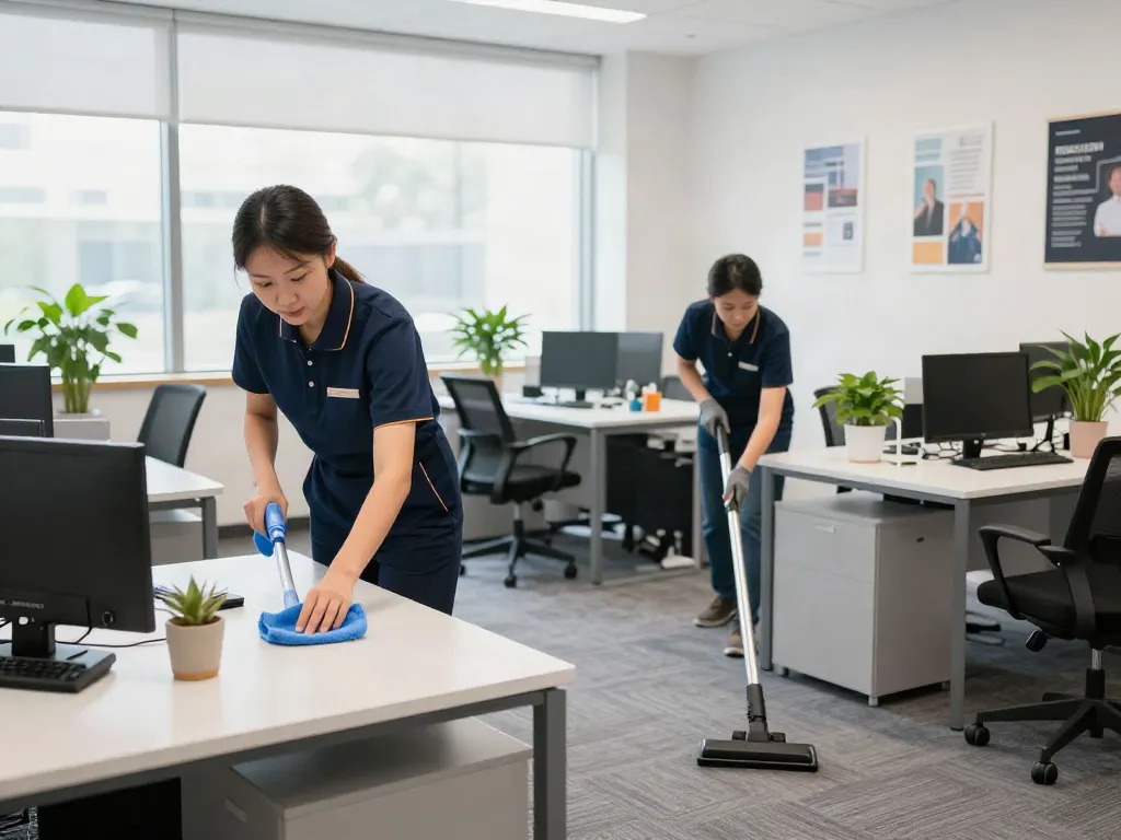 Professionelle Büroreinigung Bochum mit Reinigungsteam in einem modernen, hellen Arbeitsplatz.