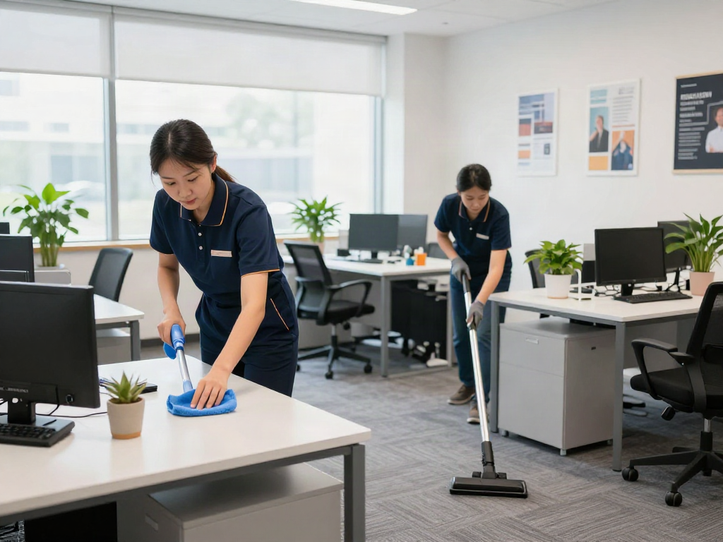 Professionelle Büroreinigung Bochum mit Reinigungsteam in einem modernen, hellen Arbeitsplatz.