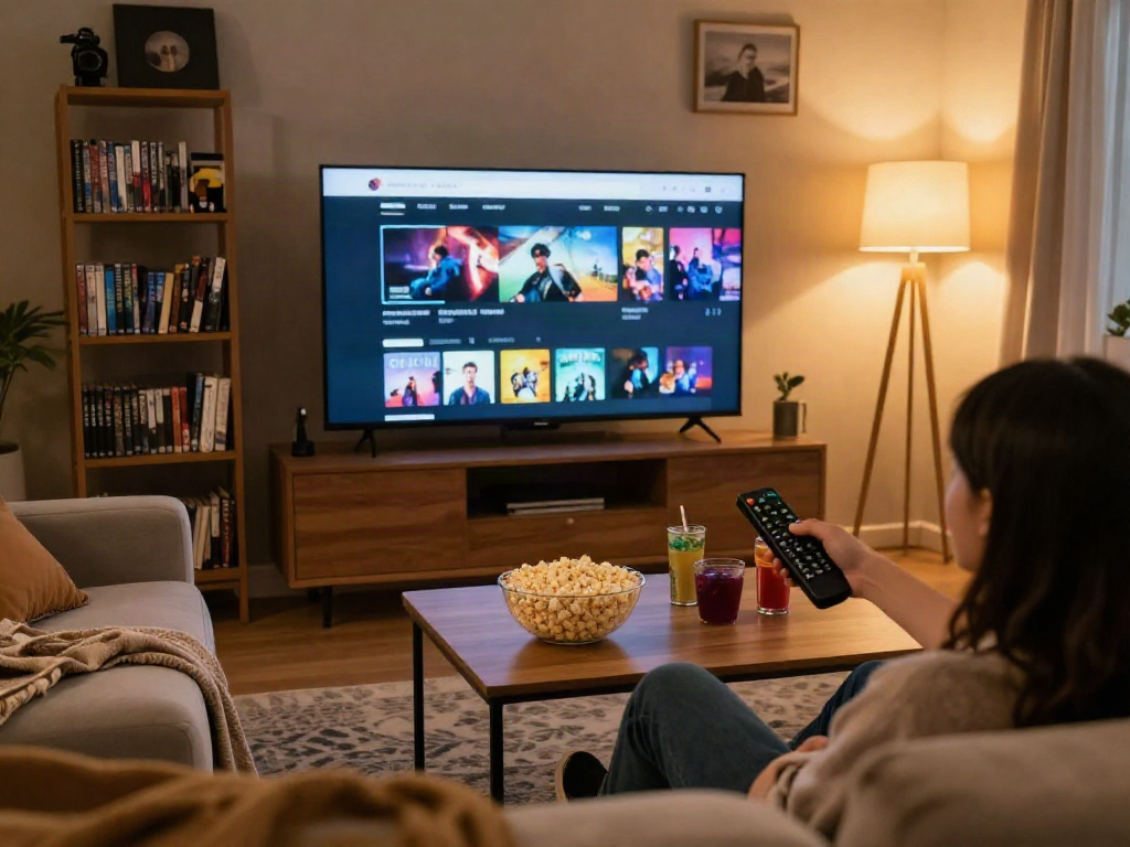 Explore filmyzilla's streaming options from a cozy living room with a user watching movies on TV.