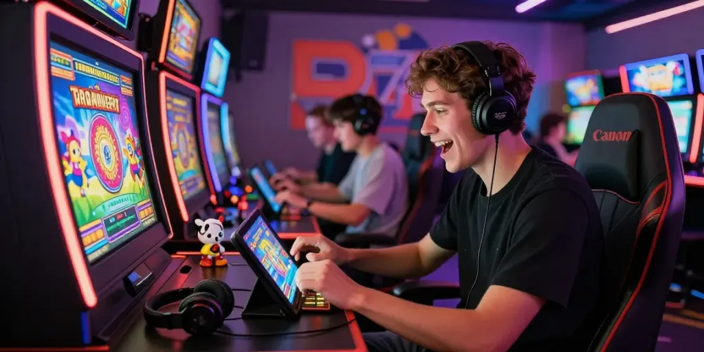 Permainan toto slot yang mengasyikkan dengan aksesori gaming di meja.
