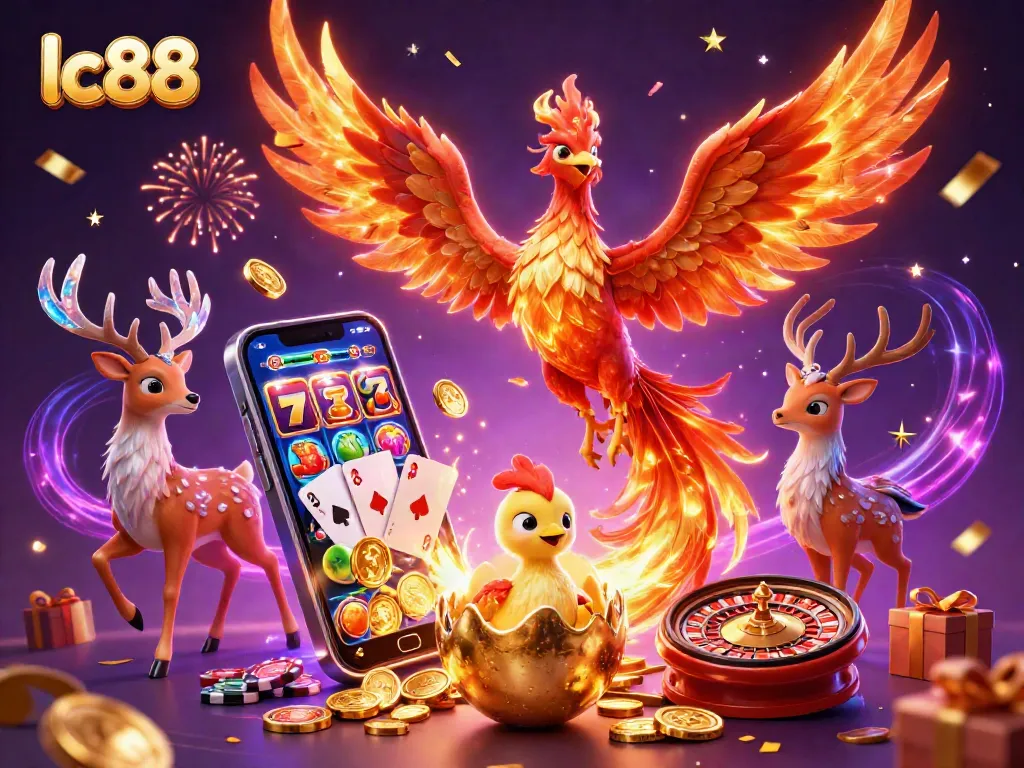 Engage with lc88 by spinning vibrant slot reels amidst a celestial backdrop and joyful celebration.