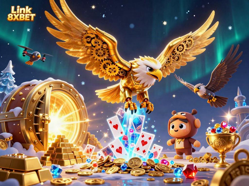 Experience the excitement of winning with Link 8XBET in a dynamic 3D casino illustration.