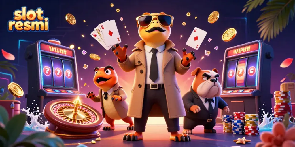 Experience thrilling action at slot resmi with raptors in a trench coat entering a casino.