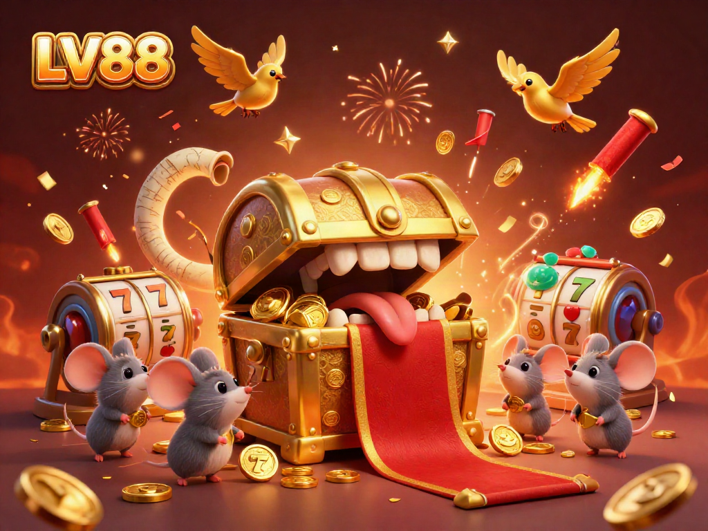 Experience online excitement with LV88, featuring a treasure chest and slot elements in a vibrant casino setting.