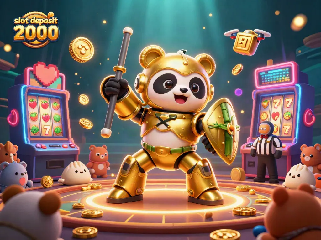 Engage with thrilling slot deposit 2000 gameplay featuring a golden panda and vibrant slot machines.
