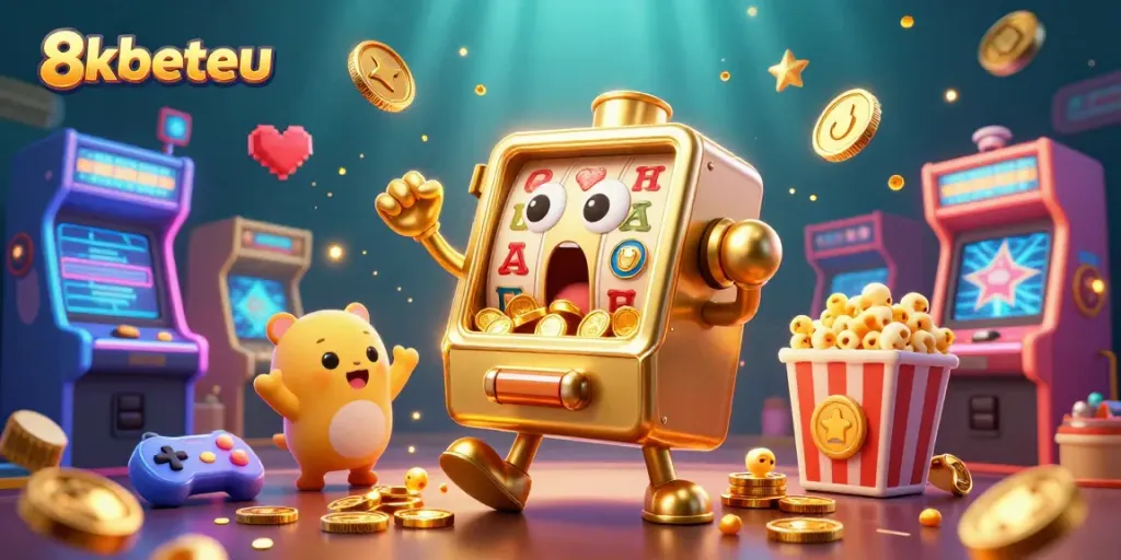 Spin to win with 8xbeteu as the golden slot machine hits a jackpot amidst glowing game elements.
