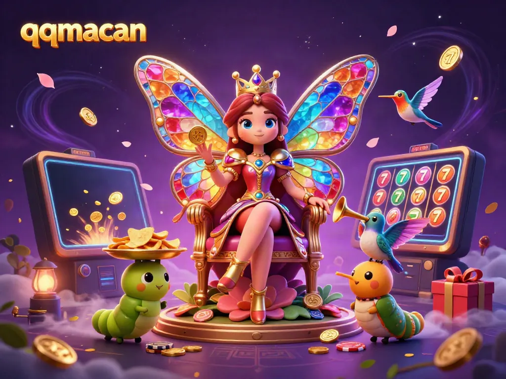 Spin to win with QQMacan's vibrant casino scene featuring a butterfly queen and lavish game elements.