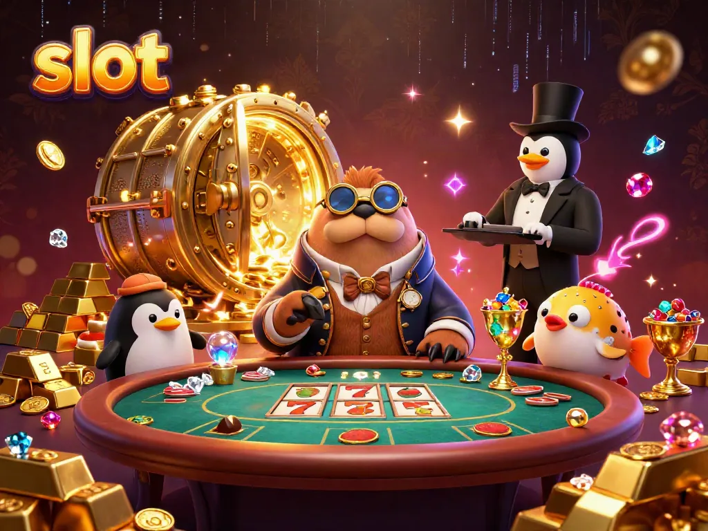 Slot dengan karakter menarik di meja poker bawah laut, bersinar dengan harta karun.