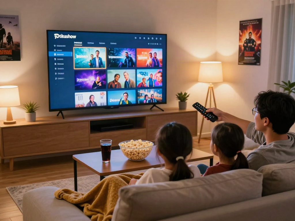 Pikashow streaming app showcased during a family movie night, revealing vibrant interface and cozy atmosphere.