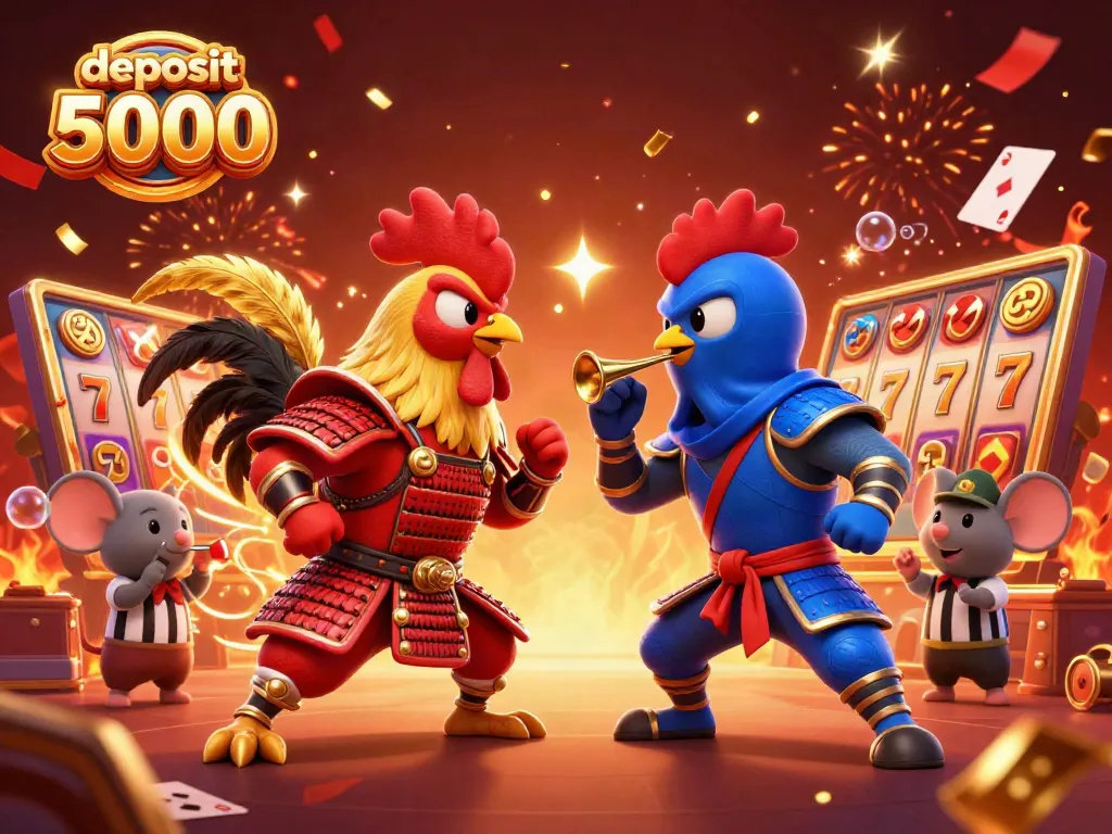 Engage in thrilling gameplay with deposit 5000 as two roosters battle in a vibrant slot game setting.