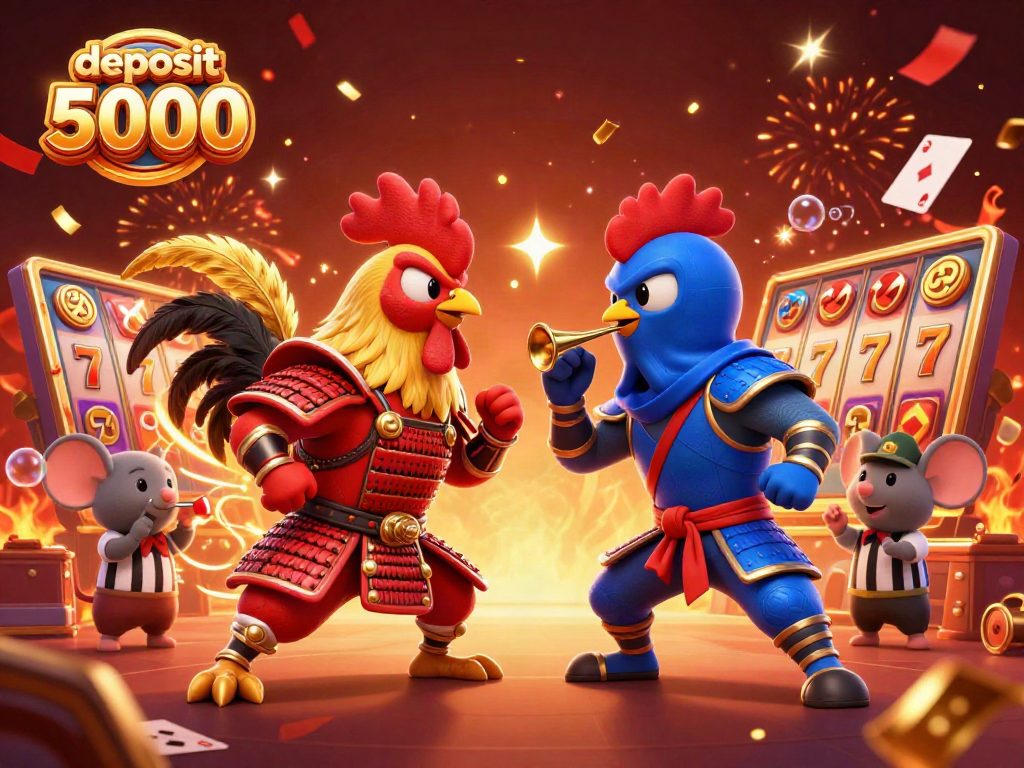 Engage in thrilling gameplay with deposit 5000 as two roosters battle in a vibrant slot game setting.