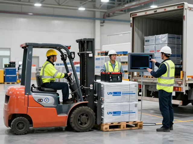 Vorbereitung von Batterie Transport Gefahrgut in einer Logistikumschlaghalle