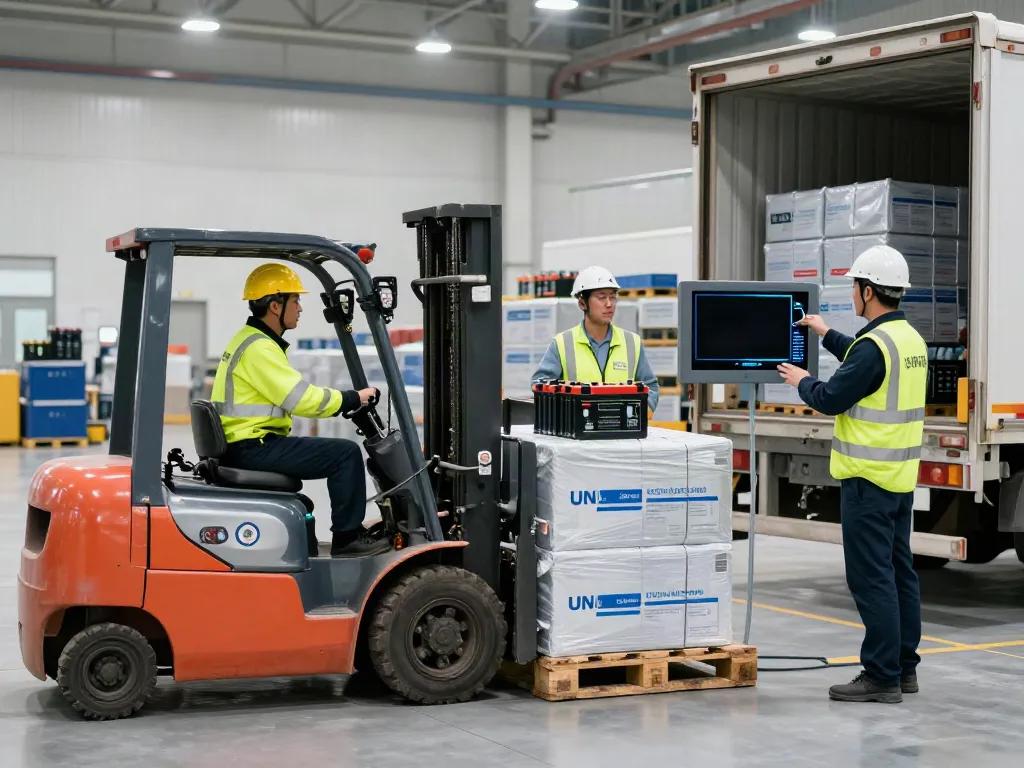 Vorbereitung von Batterie Transport Gefahrgut in einer Logistikumschlaghalle