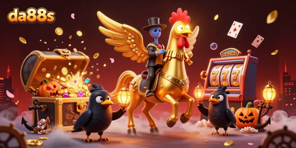 Bet on da88s with a lively casino scene featuring a golden rooster and slot machines.