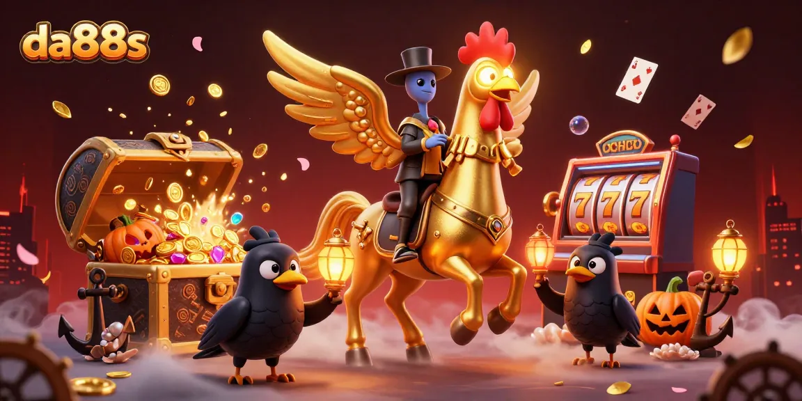 Bet on da88s with a lively casino scene featuring a golden rooster and slot machines.