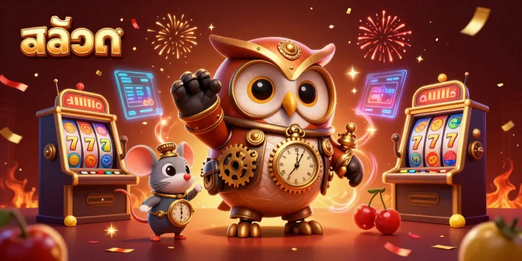 Experience the excitement of สล็อต with a time-traveling owl, jackpots, and vibrant casino elements.