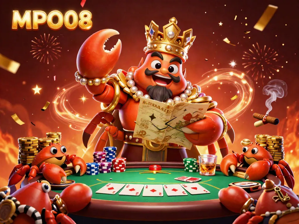 MPO08 offers a vibrant gaming experience with golden crab emperor and poker elements.