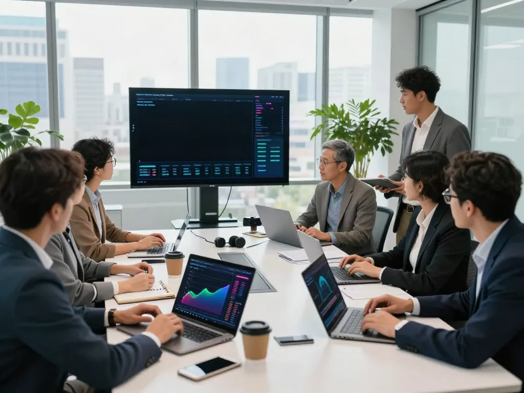 Team discussing insurtech funding news in a modern office environment with charts and graphs displayed.