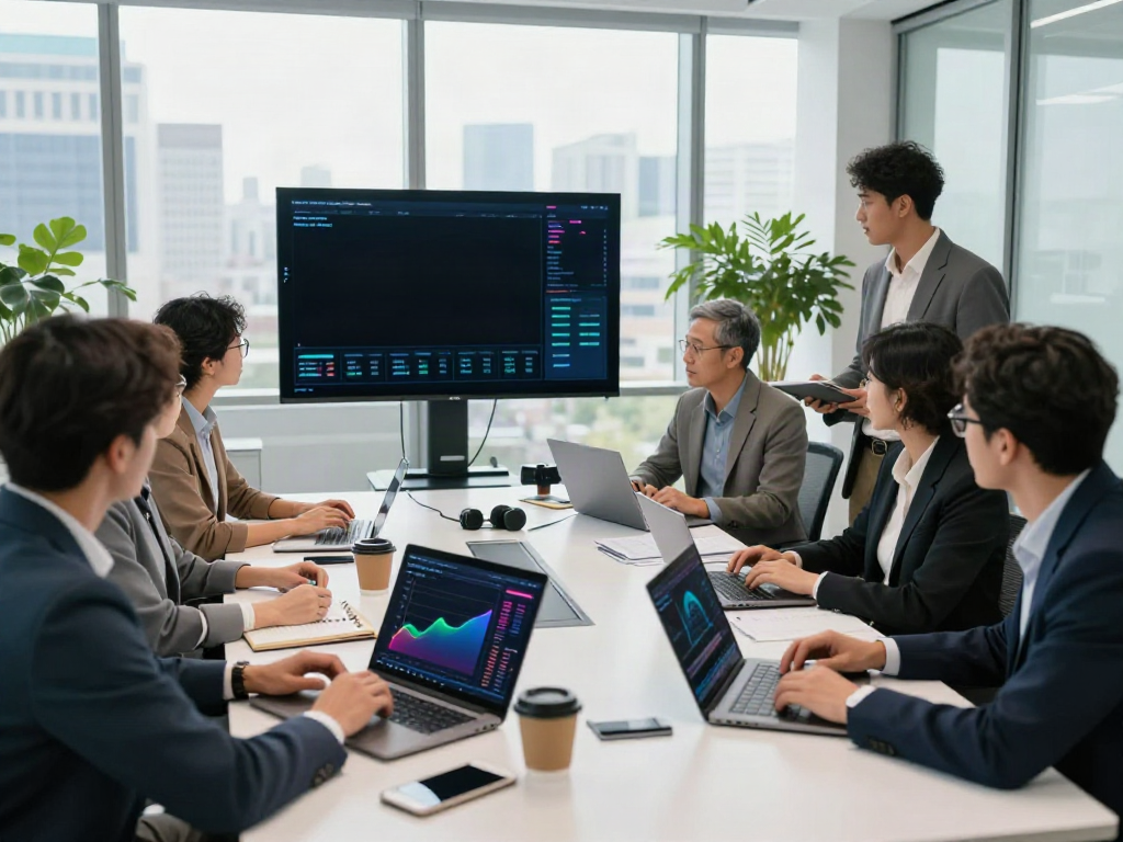 Team discussing insurtech funding news in a modern office environment with charts and graphs displayed.